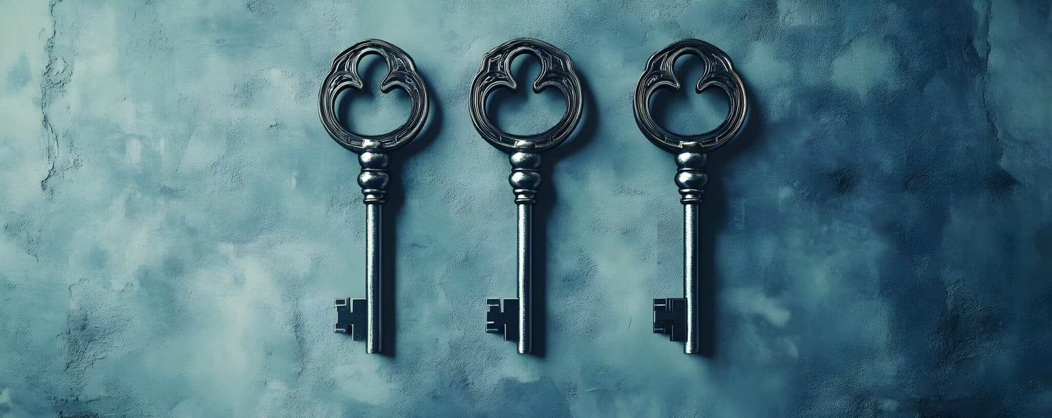 Three ornate keys arranged symmetrically on a textured background.