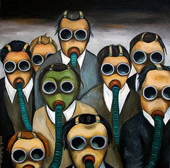 Leadership authors and speakers, Bob and Gregg Vanourek, use this picture of business people in gas masks to show the idea of toxicity in the work place.